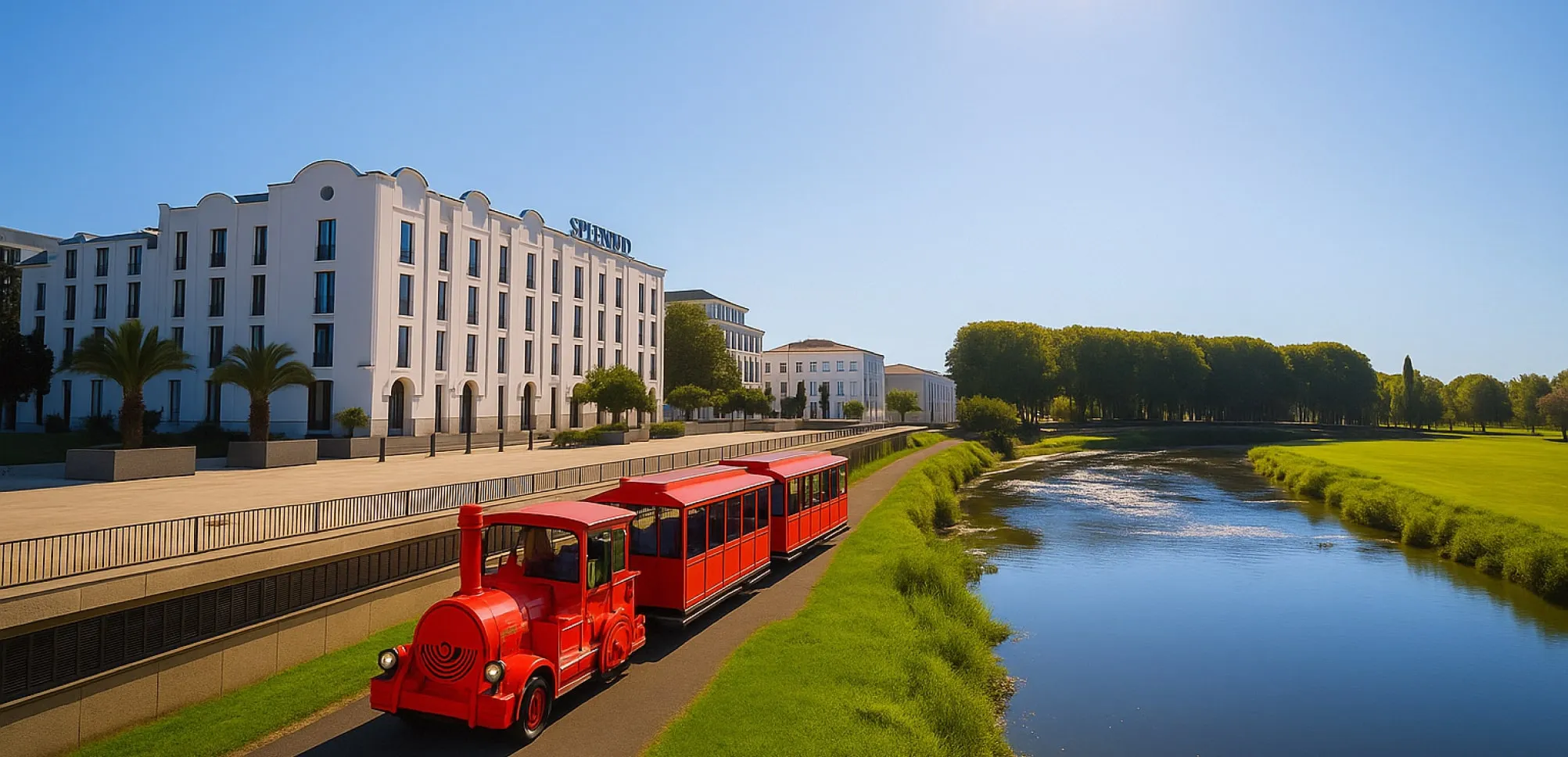 Petit Train de Dax en mouvement le long de la rivière